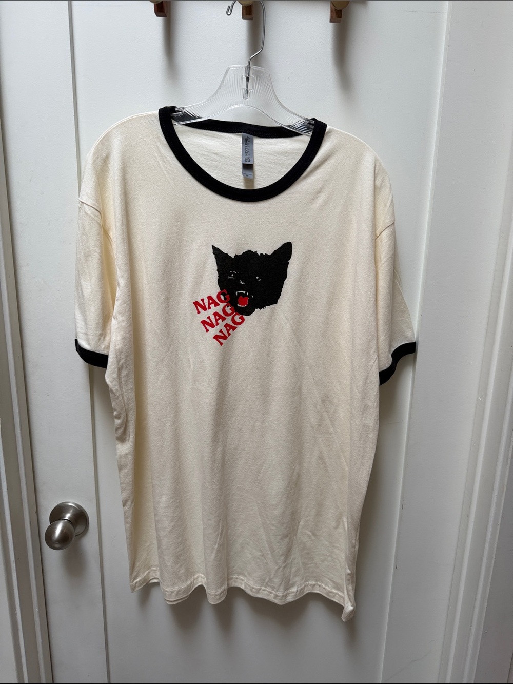 Cream Ringer Tee with Black Cat Graphic and Red Text